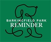 Barkingfield Park Reminder, graphic green background with black outline drawing of a dog